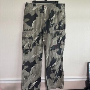 Quiksilver Cargo Pant Mens 34 Camo 100% Cotton Straight-Leg Zipper Classic‎